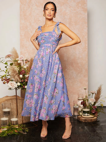 Floral Print Knotted Shoulder Ruched Cami Dress