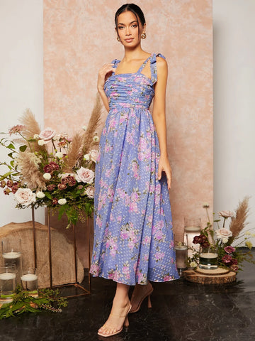 Floral Print Knotted Shoulder Ruched Cami Dress