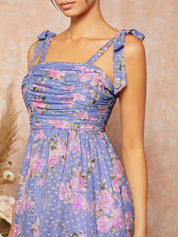 Floral Print Knotted Shoulder Ruched Cami Dress