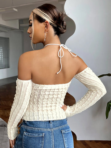 Drawstring Ruched Front Textured Top