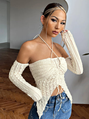 Drawstring Ruched Front Textured Top