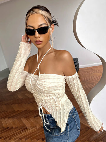 Drawstring Ruched Front Textured Top