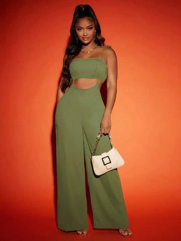 SXY Cut Out Shirred Back Tie Shoulder Cami Jumpsuit