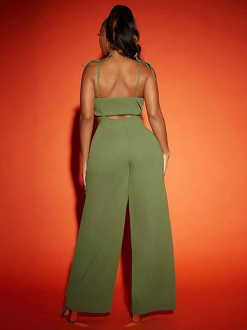 SXY Cut Out Shirred Back Tie Shoulder Cami Jumpsuit