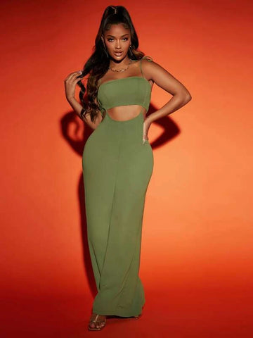 SXY Cut Out Shirred Back Tie Shoulder Cami Jumpsuit