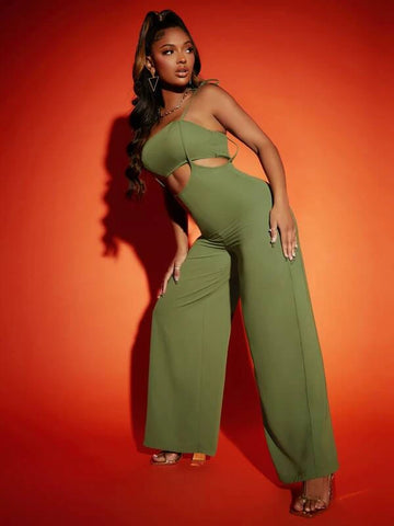 SXY Cut Out Shirred Back Tie Shoulder Cami Jumpsuit