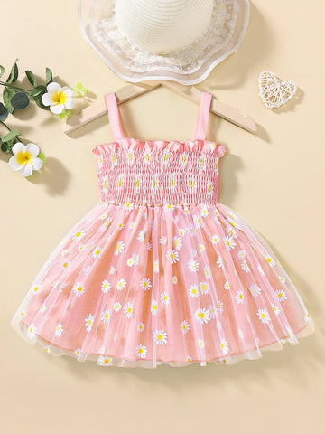 Baby Floral Print Mesh Overlay Shirred Frill Trim Cami Dress
