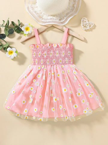 Baby Floral Print Mesh Overlay Shirred Frill Trim Cami Dress