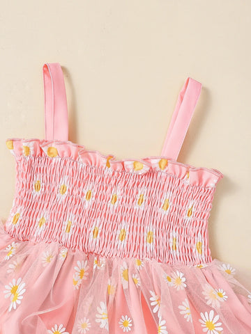 Baby Floral Print Mesh Overlay Shirred Frill Trim Cami Dress