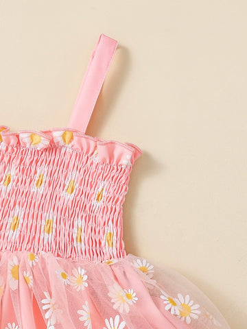 Baby Floral Print Mesh Overlay Shirred Frill Trim Cami Dress