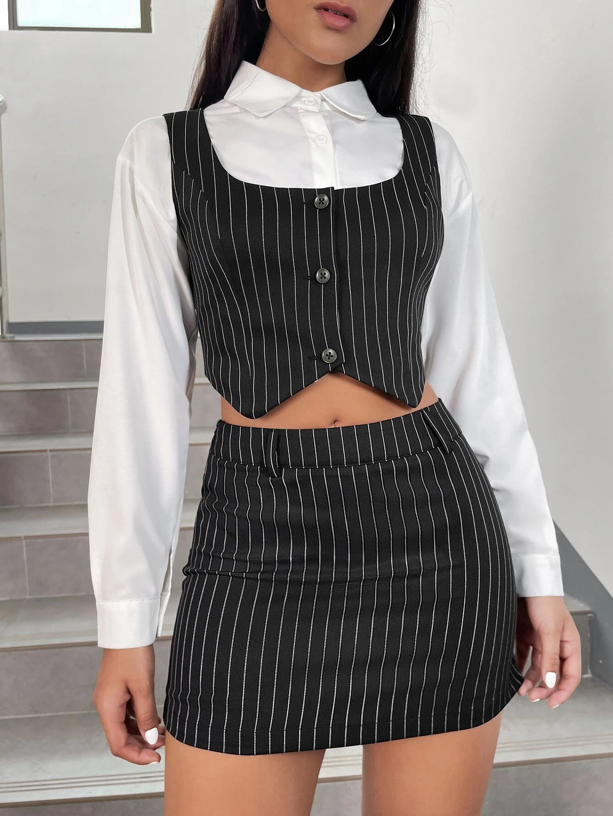 Striped Button Front Crop Top & Bodycon Skirt Without Shirt