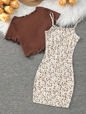 Girls Lettuce Trim Tie Front Top & Ditsy Floral Print Cami Dress