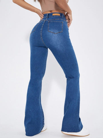 High Waist Patch Detail Raw Cut Flare Leg Jeans