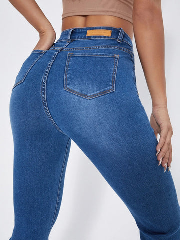 High Waist Patch Detail Raw Cut Flare Leg Jeans