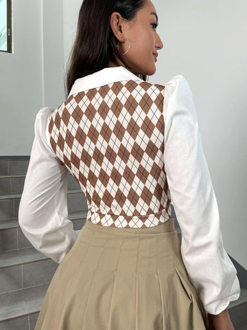 Argyle Print Puff Sleeve Crop Top