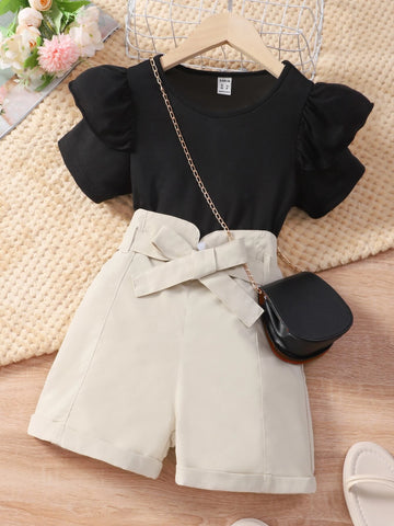 Girls Ruffle Trim Tee & Belted Shorts Without Bag