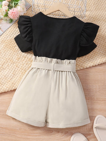 Girls Ruffle Trim Tee & Belted Shorts Without Bag