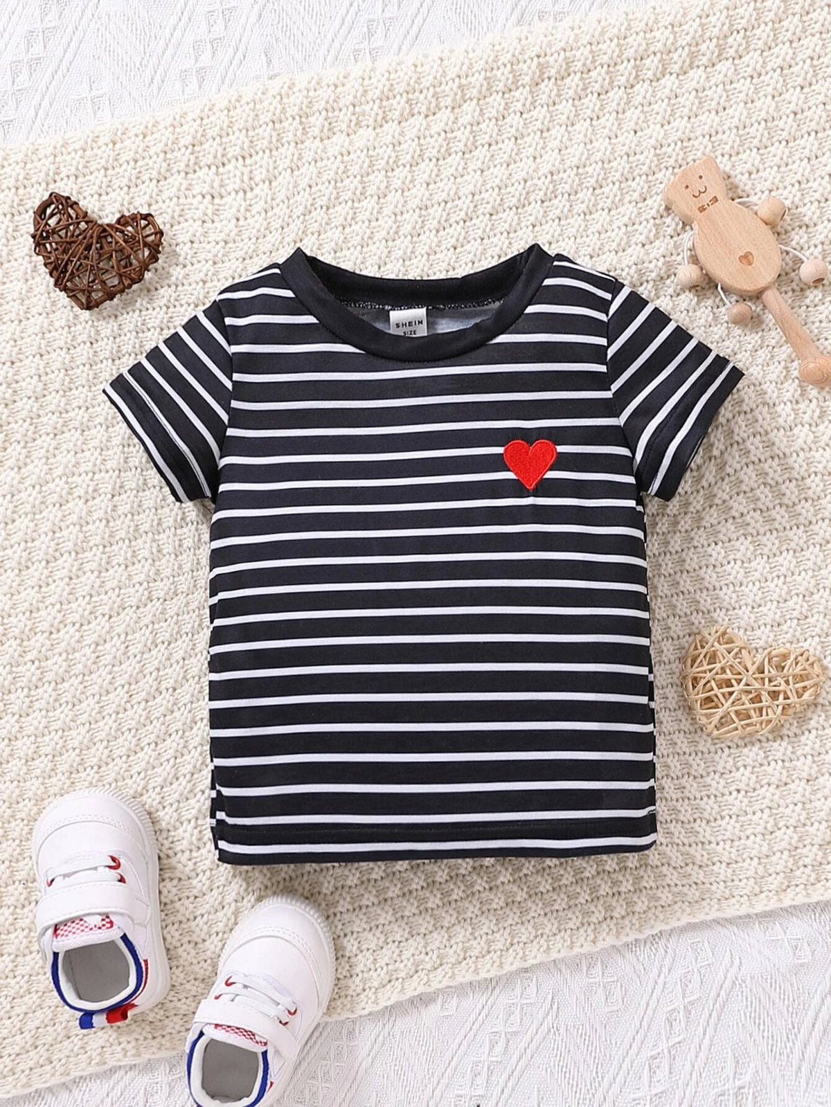 Baby Striped Print Heart Embroidery Tee