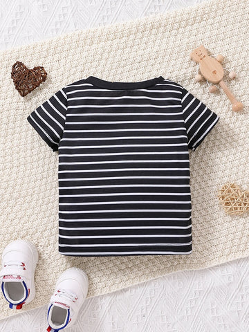 Baby Striped Print Heart Embroidery Tee