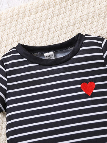 Baby Striped Print Heart Embroidery Tee