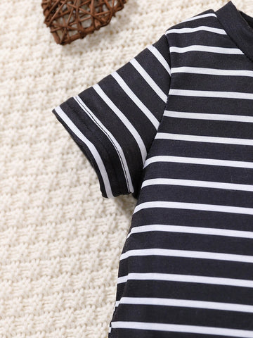 Baby Striped Print Heart Embroidery Tee