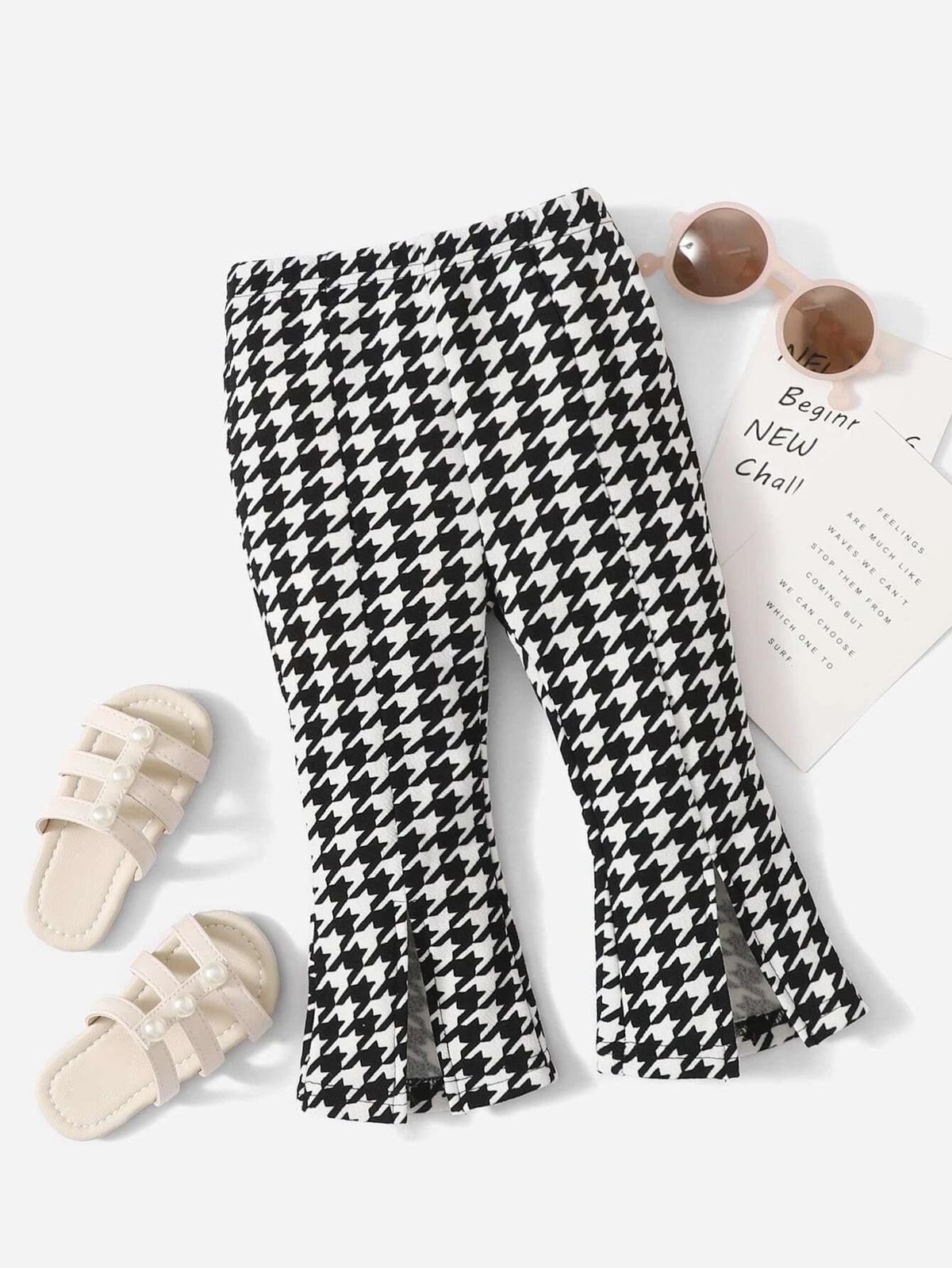 Baby Houndstooth Print Split Hem Flare Leg Pants