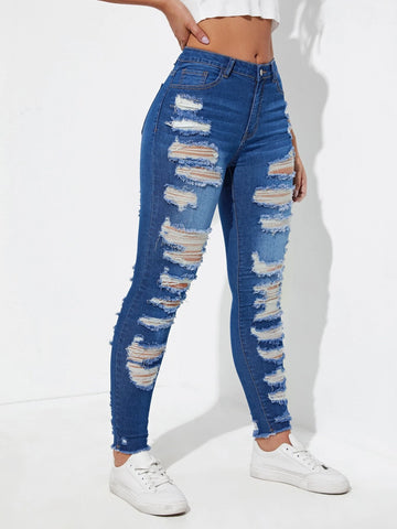 Ladder Distressed Raw Trim Skinny Jeans