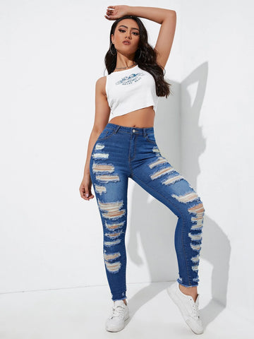 Ladder Distressed Raw Trim Skinny Jeans