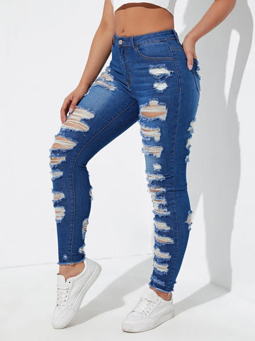 Ladder Distressed Raw Trim Skinny Jeans
