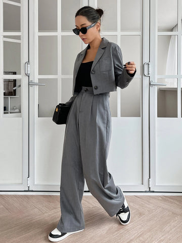 DAZY Patched Pocket Single Breasted Blazer & Plicated Detail Tailored Pants