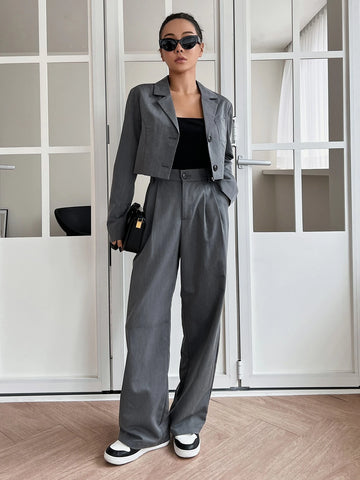 DAZY Patched Pocket Single Breasted Blazer & Plicated Detail Tailored Pants