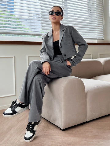 DAZY Patched Pocket Single Breasted Blazer & Plicated Detail Tailored Pants