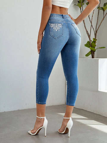 Floral Embroidery Skinny Jeans