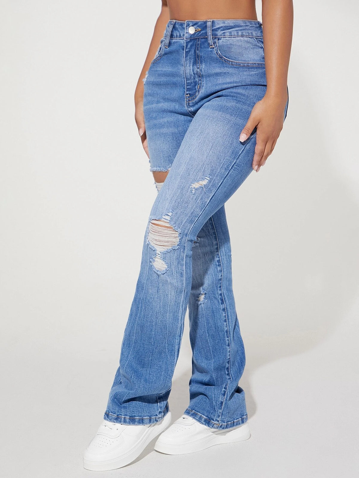 PETITE High Waist Ripped Flare Leg Jeans
