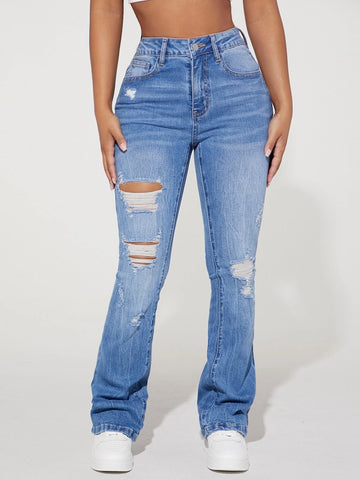 PETITE High Waist Ripped Flare Leg Jeans