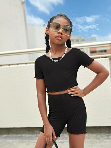 Girls Crisscross Back Lettuce Trim Crop Tee & Biker Shorts