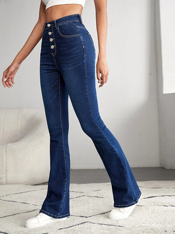 Tall High Waist Button Front Flare Leg Jeans