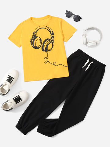 Boys Headphone Print Tee & Drawstring Waist Pants
