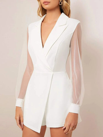 Lapel Neck Contrast Mesh Wrap Romper
