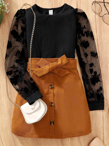 Girls Contrast Mesh Puff Sleeve Top & Skirt