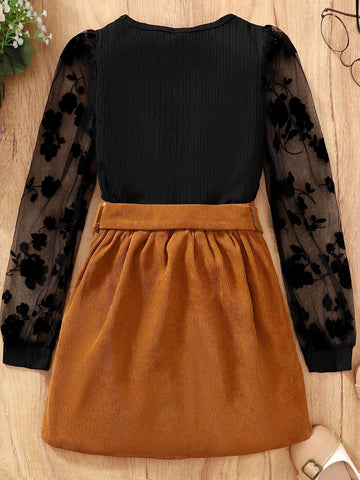 Girls Contrast Mesh Puff Sleeve Top & Skirt