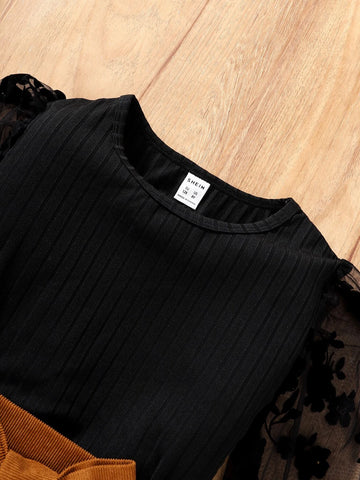 Girls Contrast Mesh Puff Sleeve Top & Skirt
