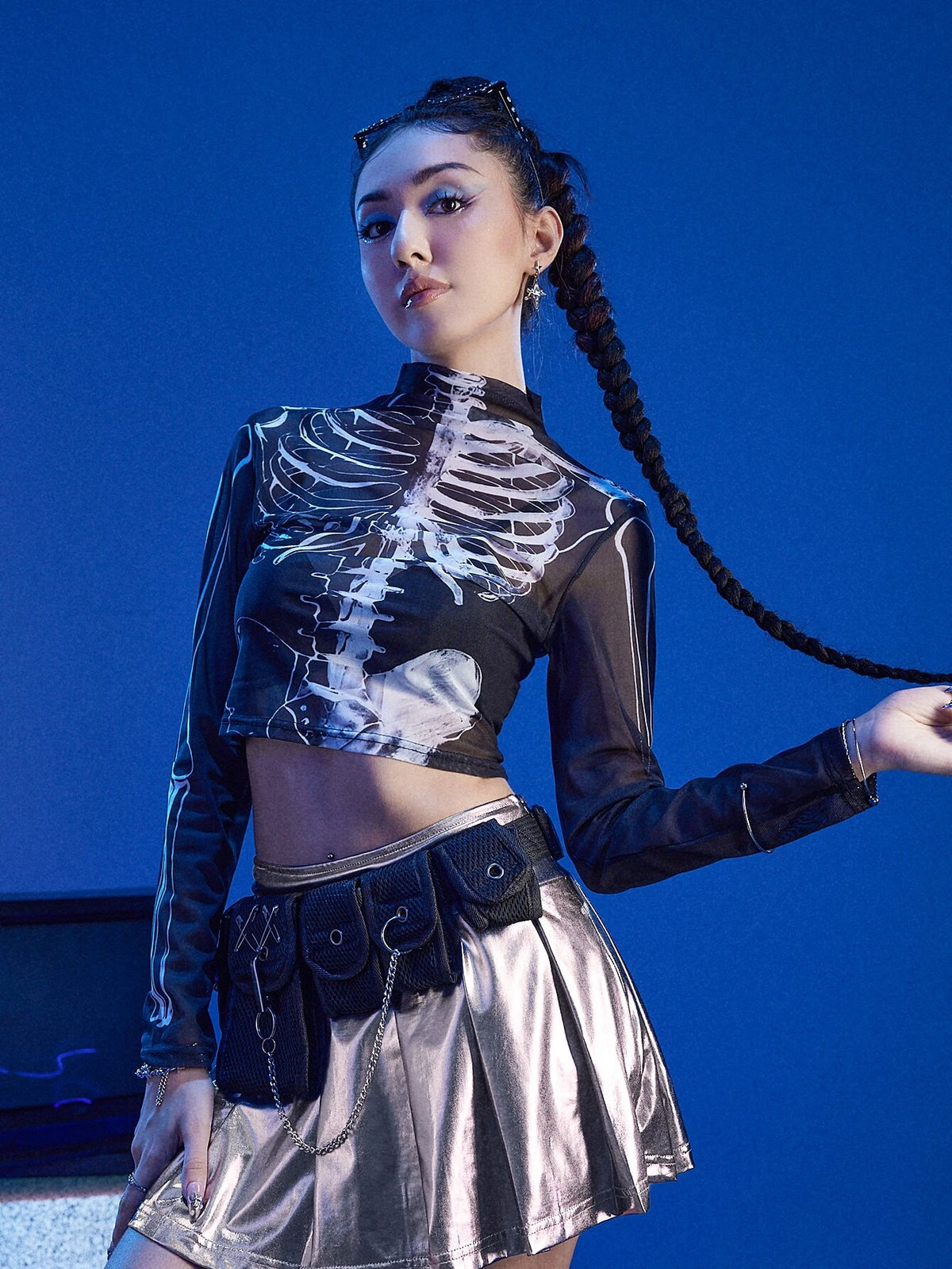 ROMWE Cyber Luvr Skeleton Print Mesh Top