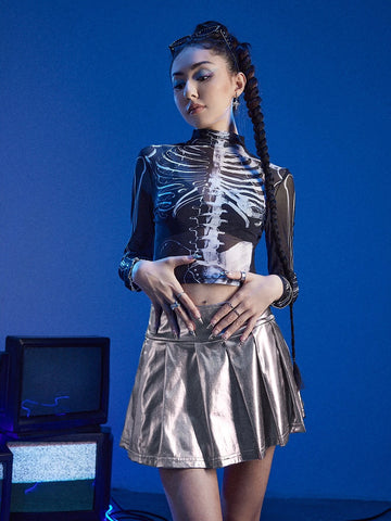 ROMWE Cyber Luvr Skeleton Print Mesh Top