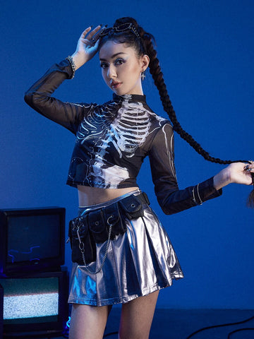ROMWE Cyber Luvr Skeleton Print Mesh Top