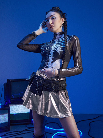 ROMWE Cyber Luvr Skeleton Print Mesh Top