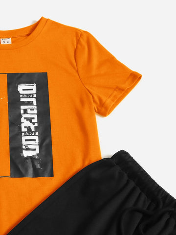 Boys Slogan Graphic Tee & Drawstring Waist Sweatpants