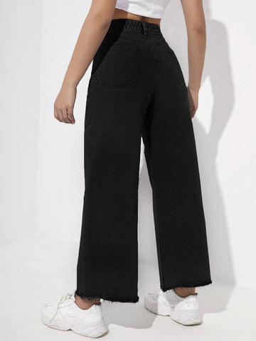 Zipper Fly Raw Hem Wide Leg Jeans