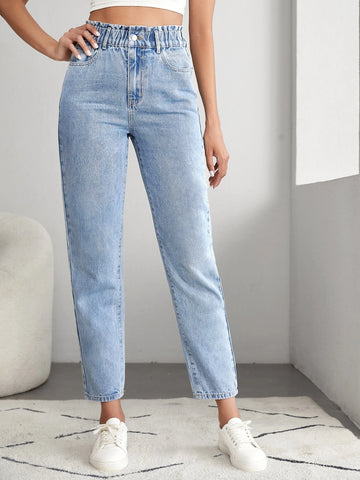 Tall Light Wash Paper Bag Waist Mom Fit Jeans