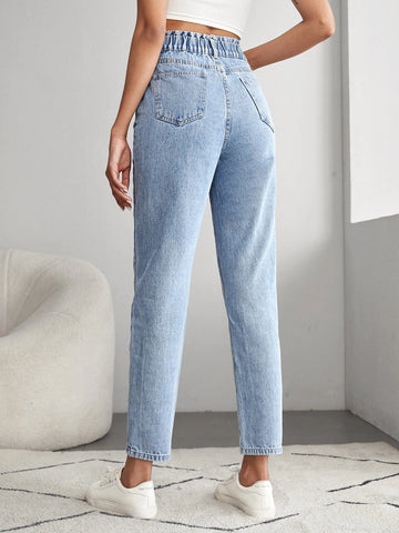 Tall Light Wash Paper Bag Waist Mom Fit Jeans